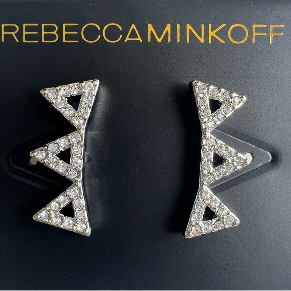 Rebecca Minkoff Silvertone Crystal Triangle Ear Climbers earrings NWT - Picture 1 of 5